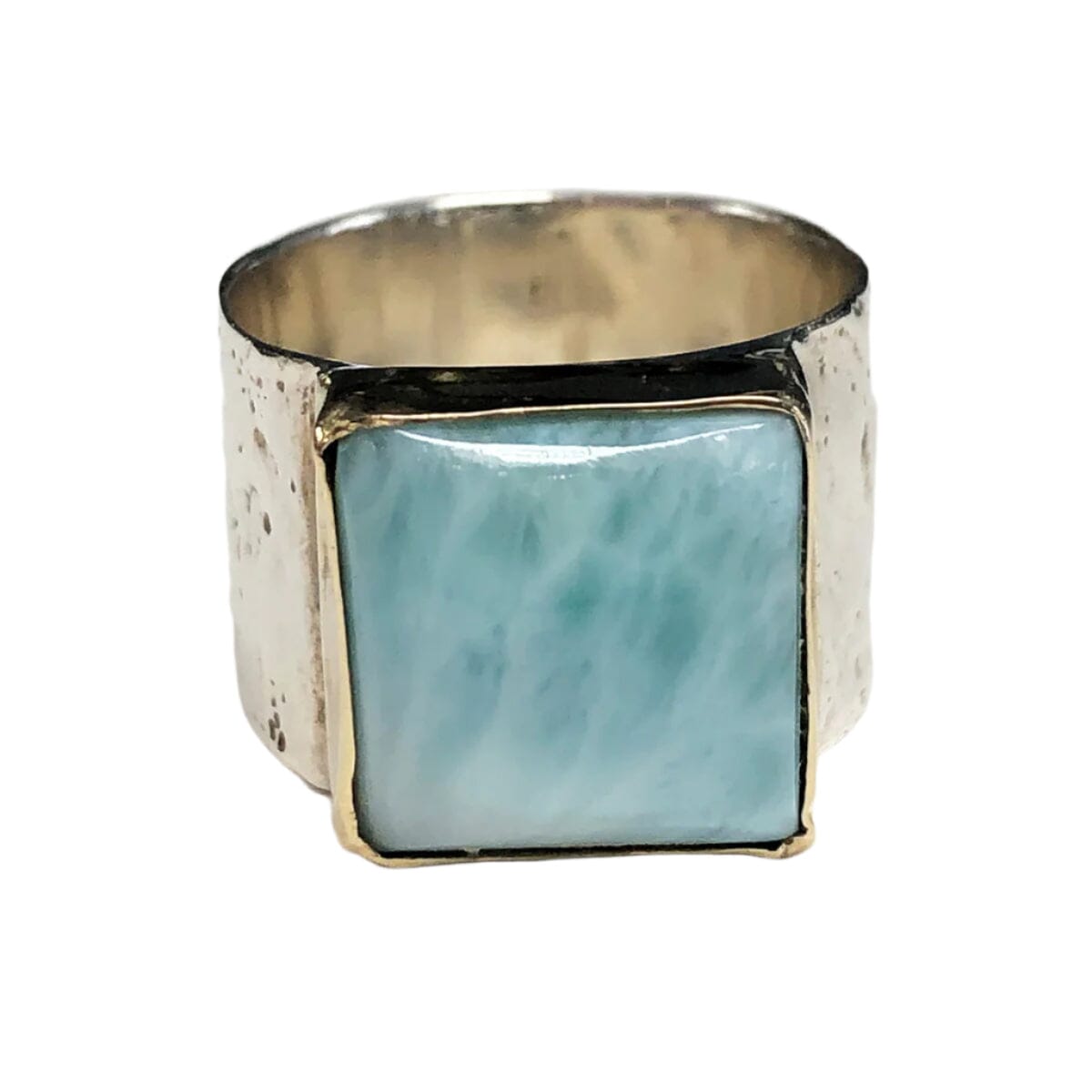 Great Lakes Coin Silver &amp; 14k Gold Larimar Hammered Signet Ring