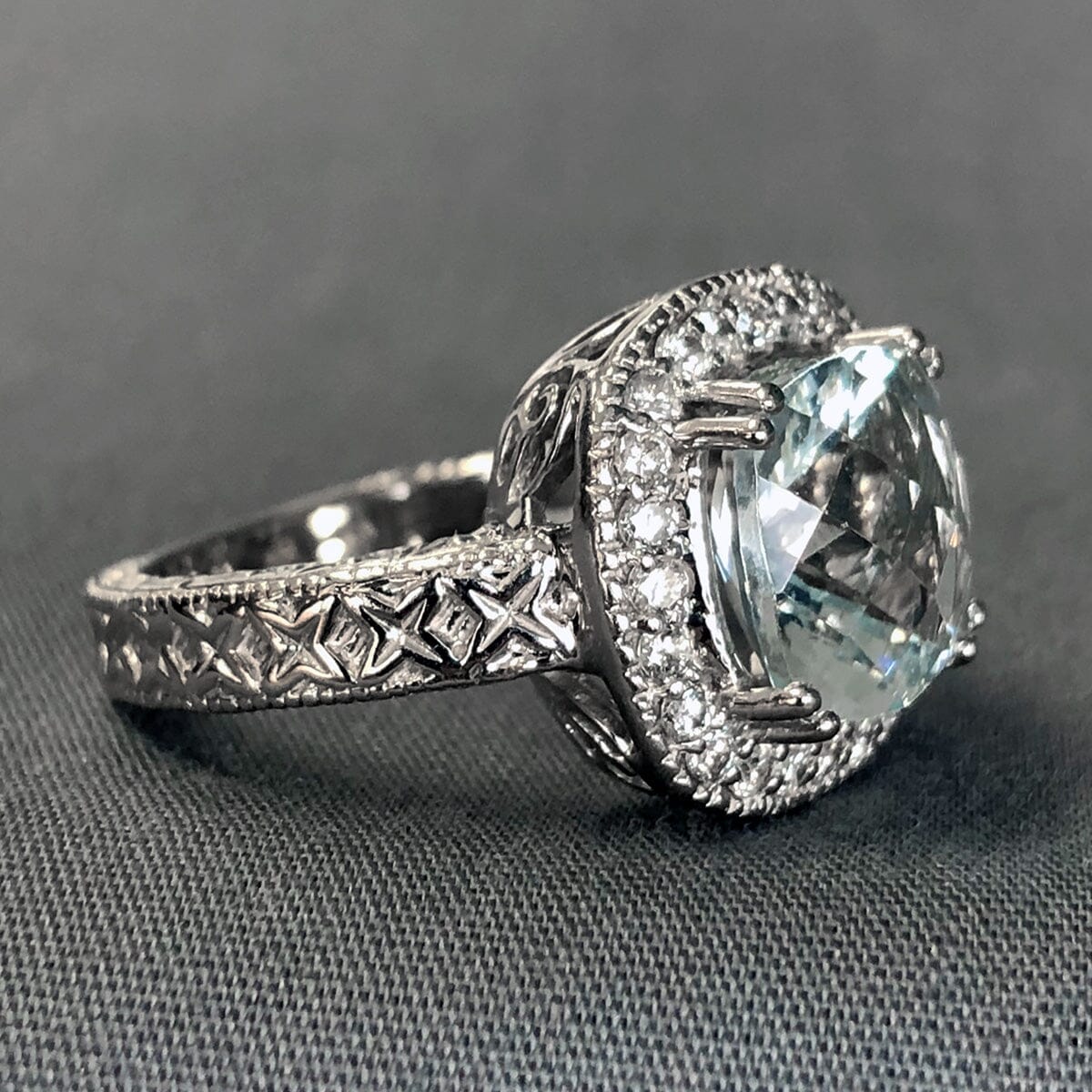 Thin Shank Cushion Cut Aquamarine Ring With Diamond Accents | Angara